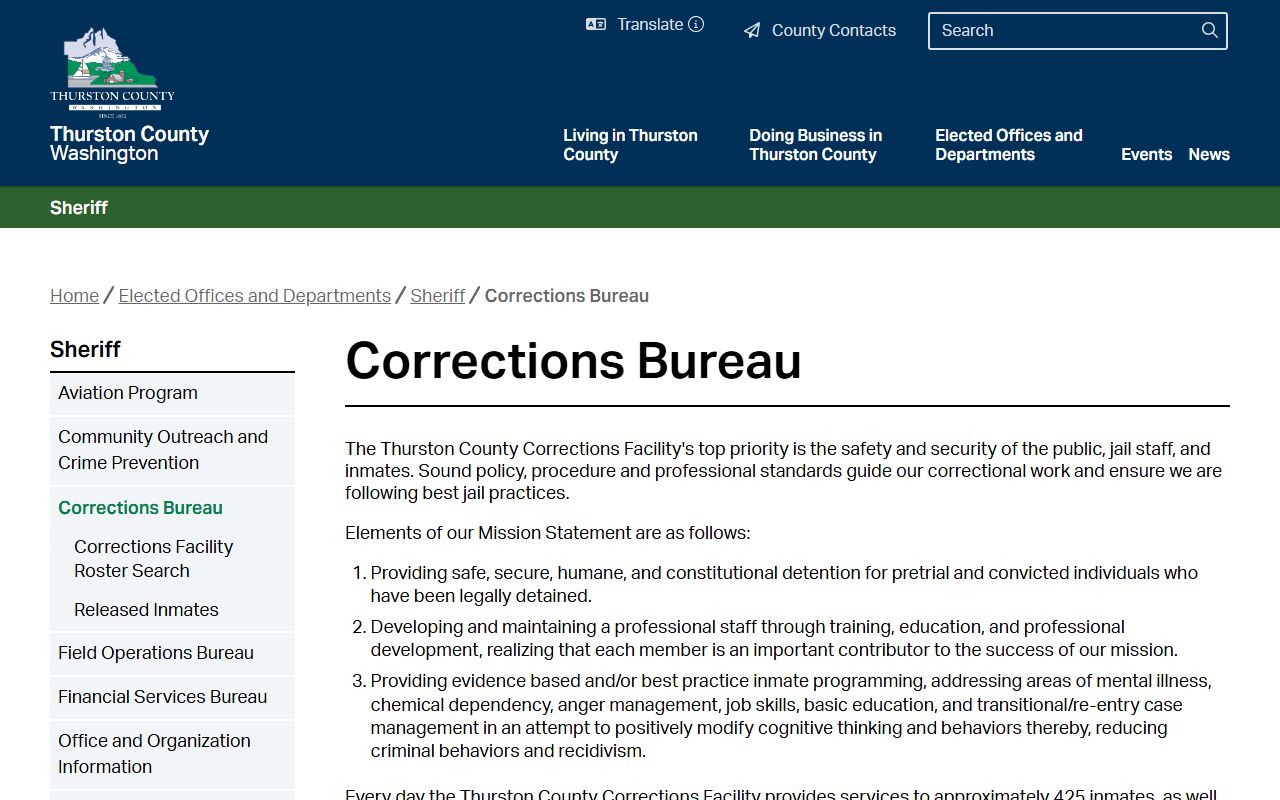 Thurston County Corrections Facility Corrections Bureau inmate records page