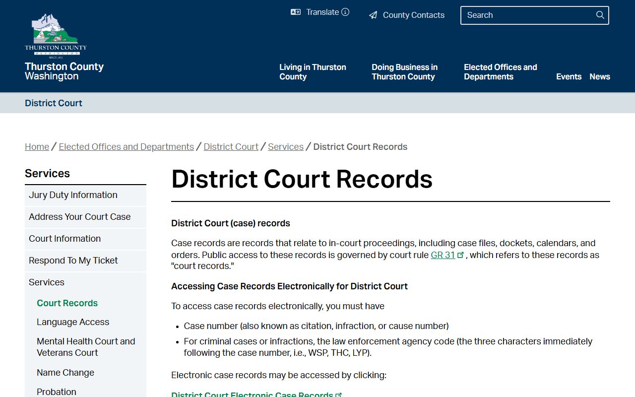 Thurston County District Court records after jail arrest request page