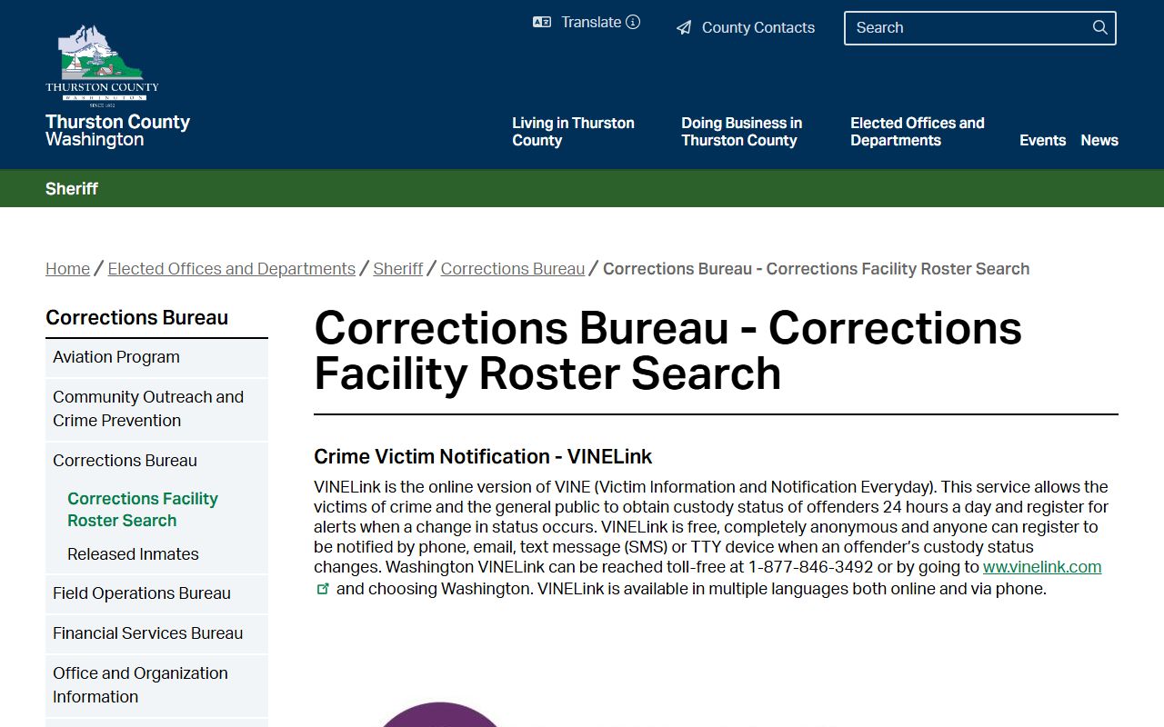 Thurston County Corrections Facility jail roster search page