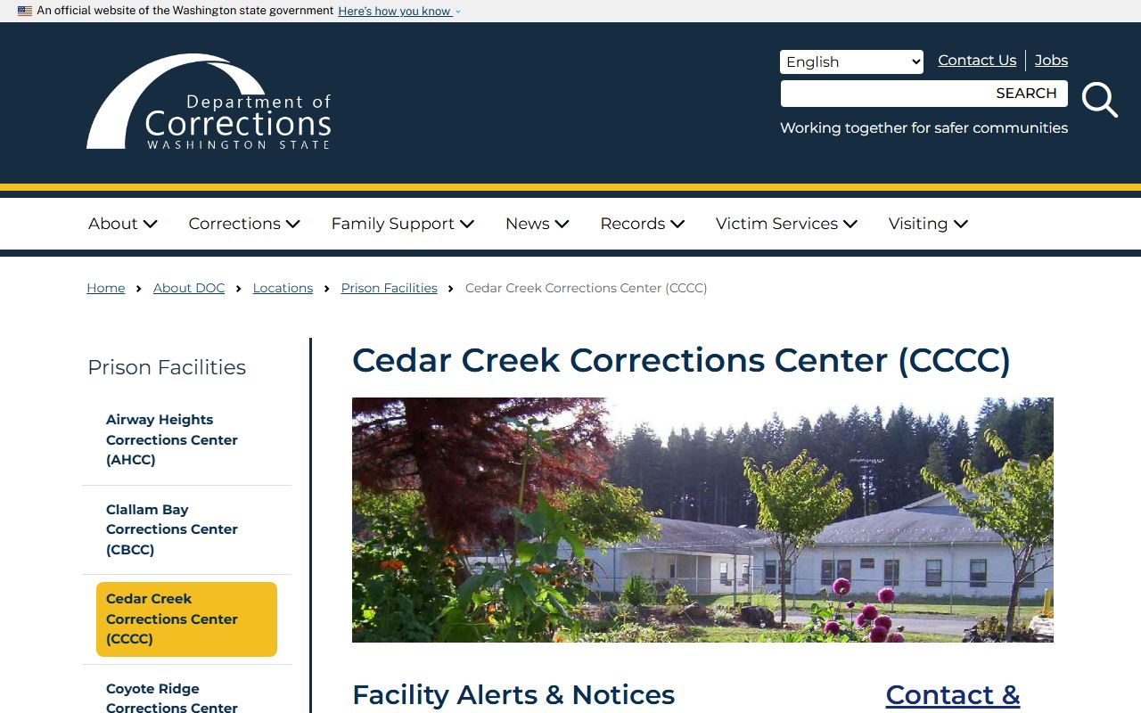 Cedar Creek Corrections Center Washington DOC inmate lookup facility page